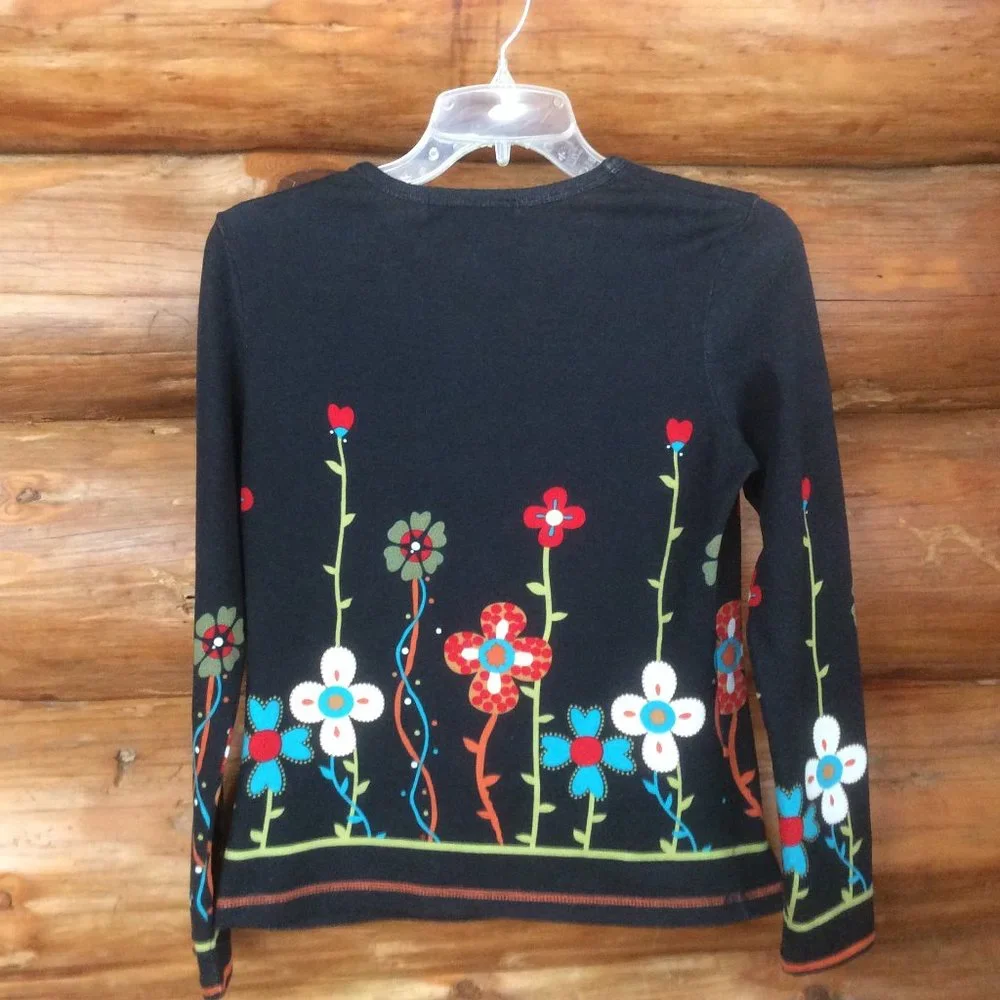 Monte Milano Black Flower Garden Boho Floral Art to Wear Pullover Shirt SZ Small - Picture 2 of 4